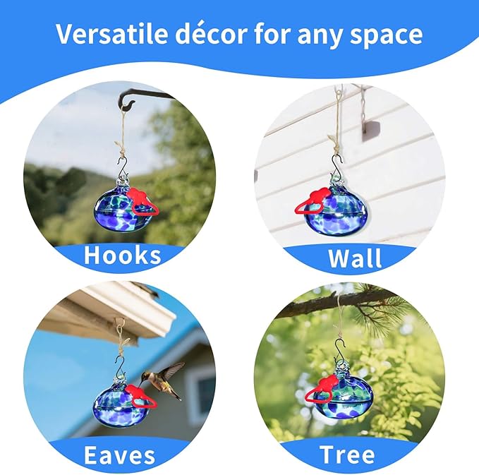 Pozfun Small Hummingbird Feeders for Outdoors Hanging,Hand-Blown Glass Hummingbird Feeder with Silicone Feeding Perch,Never Leak,Gardening Gifts for Woman Man