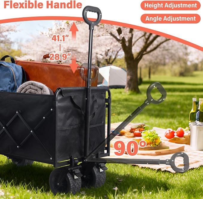 Collapsible Wagon Cart with All-Terrain Wheels - Folding Utility 600LBS Heavy Duty Wagons Carts for Grocery Sports Garden Shopping Camping Fishing (Black, 220L)