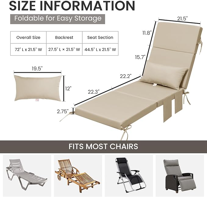 Sunbrella Foldable Outdoor Chaise Lounge Cushions with Head Pillow and Side Pockets,Water Repellent & Fade Resistant Lounge Chair Cushion, 72''L x 21''W, Set of 2, Canvas Antique Beige