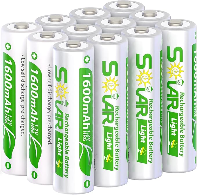 12 Pack AA Rechargeable Batteries for Solar Lights, NiMH 1.2V 1600mAh Precharged Low Self-Discharge, Replacement Batteries for Outdoor Garden Pathway Deck Fence String Lights