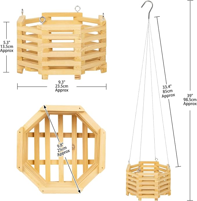 10" Wooden Orchid Basket with Hanger for Vandas & Ferns, Octagon Wood Hanging Planter for Patio, Balcony Decor, Garden Flower Pot for Indoor Outdoor Plants