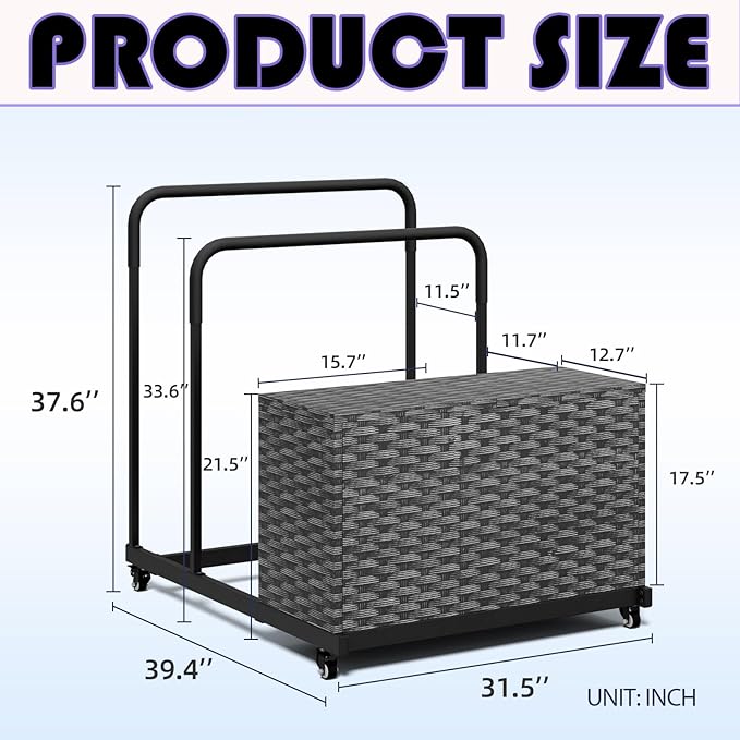 FONTOI Pool Storage, Pool Float Storage Bin with Wheels, Waterproof Metal with Rattan Pattern Textured UV Print Outdoor Pool Towel Rack, All-Weather Float Storage Organizer for Cushions, Black