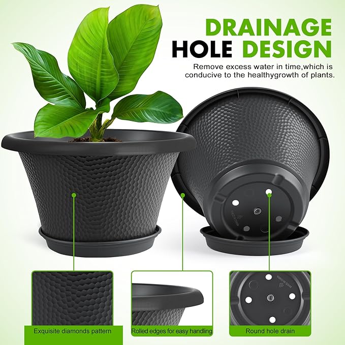 Quarut 12 Inch Pots for Plants,4 Pack Large Flower Pots with Drainage Hole & Saucer,Modern Planters for Indoor Outdoor Plants,Decorative Resin Garden Pots Black