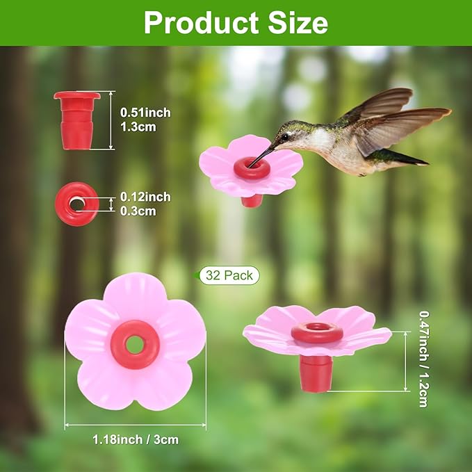 M METERXITY 32-Pack Hummingbird Feeder Replacement Flowers, Plastic Pet Hummingbird Feeding Parts Feeding Ports for Outdoor Hanging Feeders, Bees Guards [Rose Pink, Red]