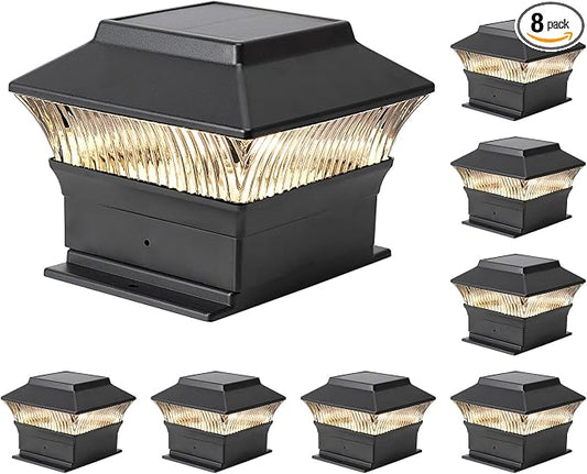 8 Pack Solar Post Cap Lights - Classic #1: for Flat Surfaces & 4x4 Vinyl, Also Fits 4x6 Wood (Sits-On-Top), 25 Lumen 3000K Warm White, Outdoor Deck Fence Light, Waterproof, Matte Black