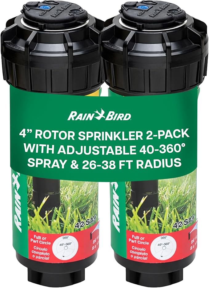 Rain Bird 42SA+ Heavy Duty Simple Adjust Gear Driven Rotor Sprinkler Head, 2 Pack - 3/4 inch Inlet - Water Efficient 4 inch Pop Up Lawn Sprinkler, Adjustable 40-360 Degree Arc and 26-38 ft Radius