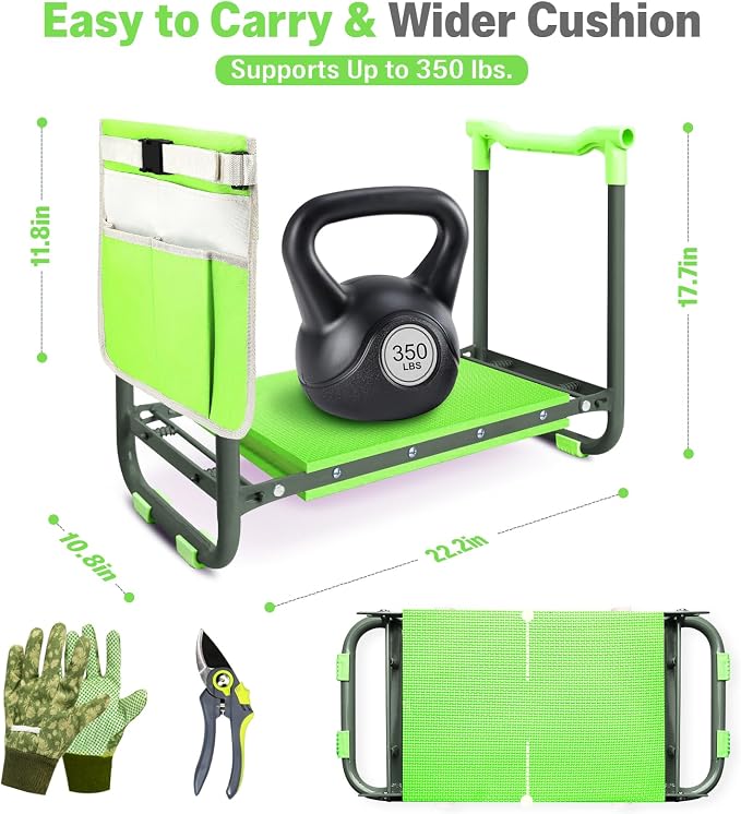 Garden Kneeler and Seat Heavy Duty, Foldable Gardening Stool Bench with Widened Thick Soft Kneeling Pad and Tool Pouches - 2-in-1 Portable Kneeling Device for Seniors (Green)
