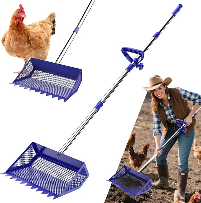 Chicken Poop Scooper Rake 2-in-1,304 Stainless Steel Shovel Head, Chicken Litter Scoop with Handle for Chicken Coop for Sand, Pet Waste Cleaning, Litter Sifting Shovel (35 to 65")