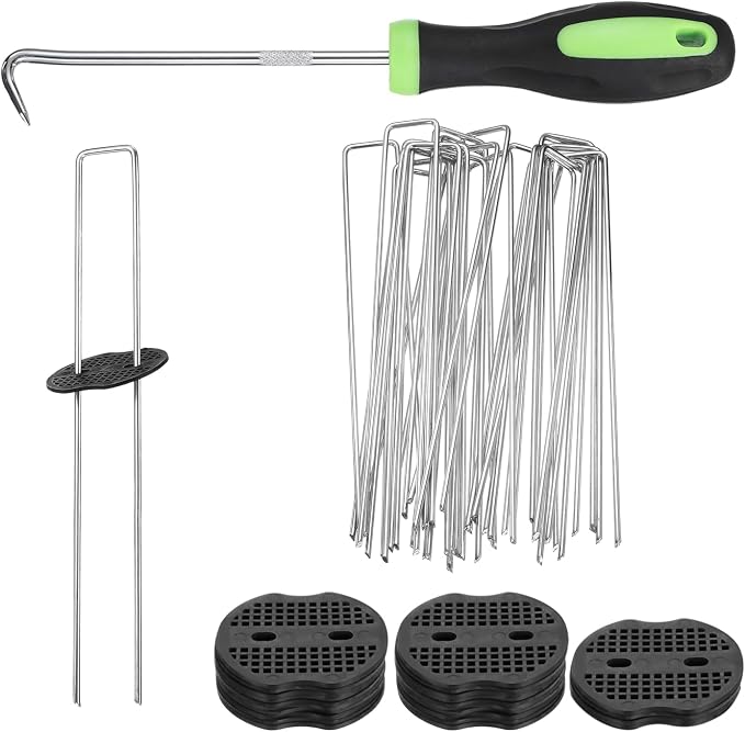 uxcell 25Pcs Garden Stakes, 12 Inch 8 Gauge Galvanized Landscape Staples U-Type Turf Stake Sod Pin Plant Stakes with Gasket&Hook for Landscaping Securing Weed Barrier Fabric, Silver