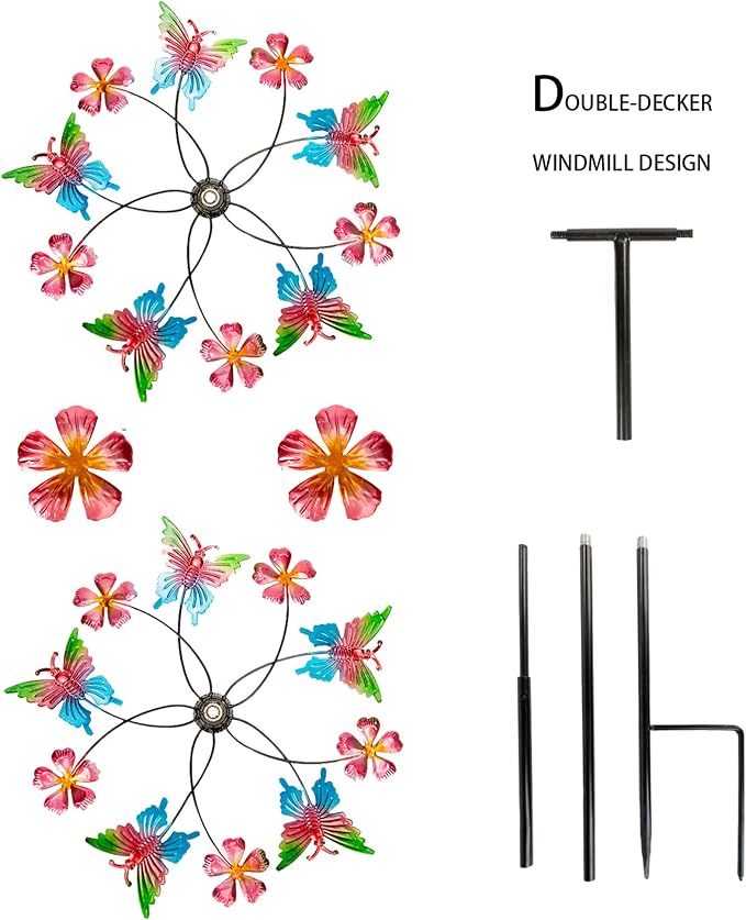 360° Butterfly Wind Spinners Outdoor Metal, Double-Layered Kinetic Wind Spinner with Stake, 38"×11.5", Wind Spinners for Yard and Garden (Butterfly)