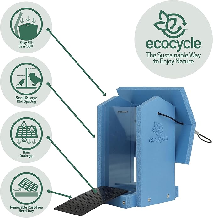Tasty Tidbit Recycled Plastic Bird Feeder with Fresh Seed Tray for Wild Birds and Outdoor Décor, 0.875 Quart Capacity, Blue