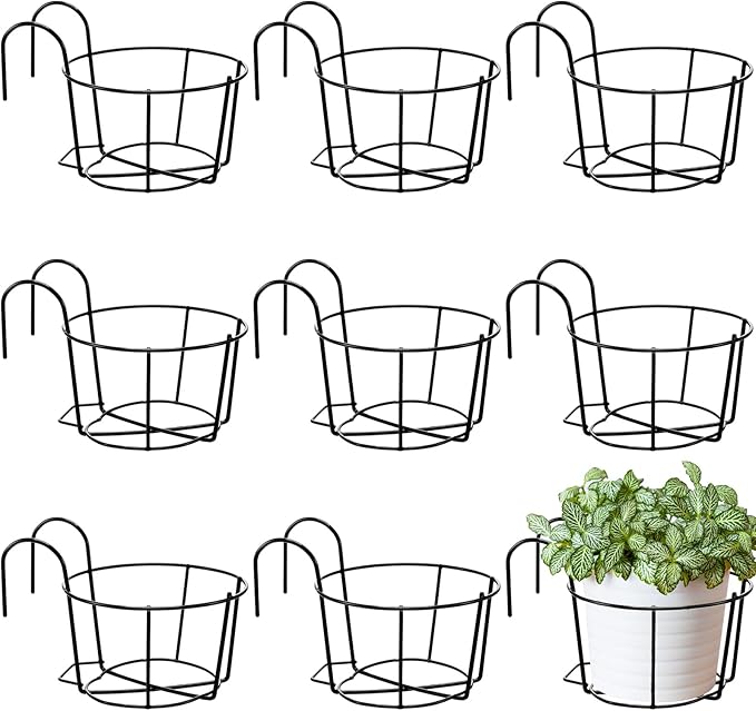 Wesiti 10 Pcs Round Hanging Railing Planters Outdoor Balcony Planters Metal Hanging Baskets Flower Pot Holder for Fence Indoor Porch Shelf Container(8 Inch,Black)