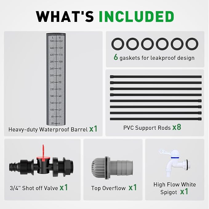 Yesker Collapsible Rain Barrel, 132 Gallon Portable Rainwater Collection System, 550D PVC Water Storage Tank, Rain Catcher with Spigots Filter Overflow Kit, Grey