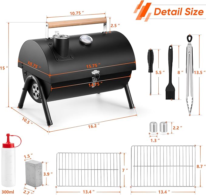 Portable Charcoal Grill with 6 BBQ Tools, HaSteeL Compact Tabletop Barbecue Grill with Thermometer, Small Smoker for Outdoor Camping Backyard Beach BBQ, Thick Steel, Easy to Assemble