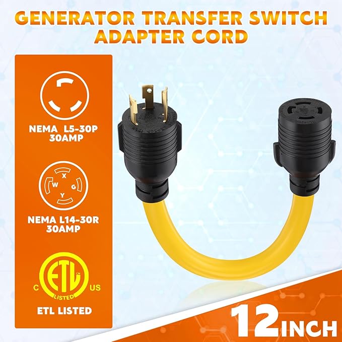 Tellegloww NEMA L5-30P to L14-30R 30amp Generator Adapter Cord, 3prong to 4prong Locking Generator Transfer Switch for House Inlet Box Adapter STW 10 AWG, ETL Listed