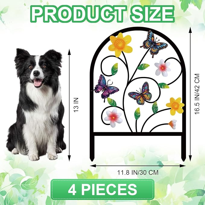 4 Pack Butterfly Decorative Garden Fence Metal Butterfly Flower Design Metal Arch Garden Fence Border for Yard Patio Flower Bed Lawn Outdoor Landscape Decoration Animal Barrier Fence for Garden