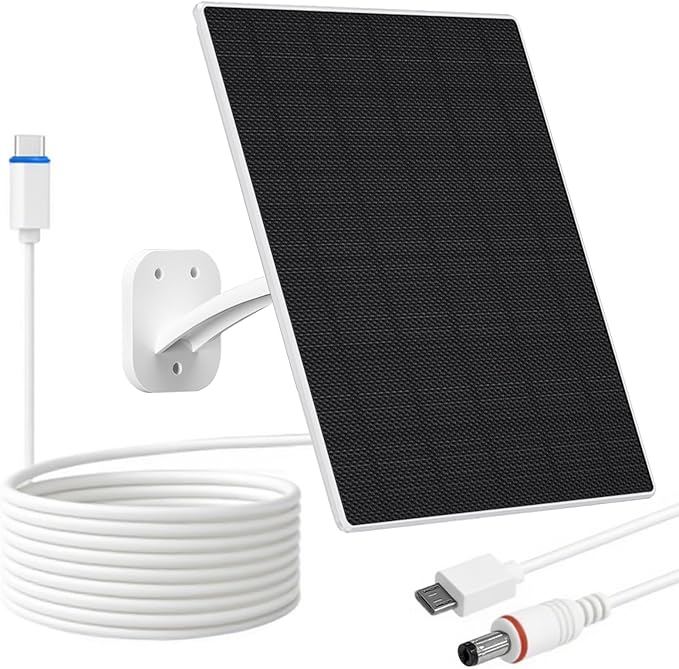 FUTUREZEN Solar Panel for Security Camera, 10W Solar Charger with DC 5.5x2.1mm, USB-C & Micro USB Port, IP66 Waterproof, 360° Adjustable Mount, 7.2FT Cable