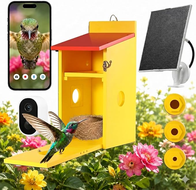 Smart Bird House with Camera, Solar Powered Birdhouse for Outdoor Bird Watching, AI Bird Recognition, 4MP Live View, Full-Color Night Vision, App Control, IP66 Waterproof