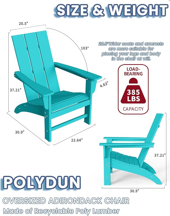 Modern Adirondack Chairs Set of 2, HDPE Plastic Patio Chairs for All Weather, Fire Pit Chair, Outdoor Lawn Chairs for Deck, Porch, Backyard, Garden, Aruba Blue