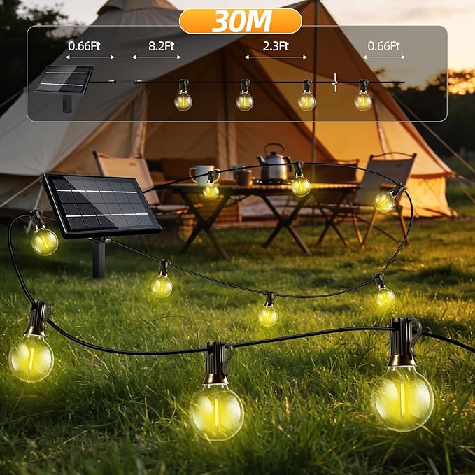 Solar Lights Outdoor Waterproof: G40 30M 100FT Shatterproof Bulbs Patio Lights - Solar Powered 3 Light Modes Solar Light - Camping Backyard Garden Deck Outside Yard