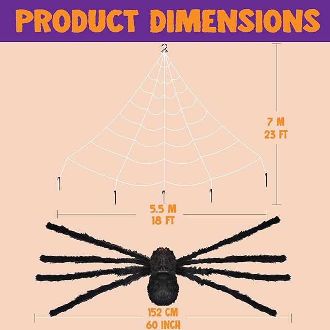 JOYIN Halloween Spider Web and 59'' Giant Spider, 16.4 x 15.7 Ft Large Triangular Web for Outdoor Decoration, Giant Spiderweb for Patio, Garden, Yard, Haunted House Decor, Indoor Home Party Supplies
