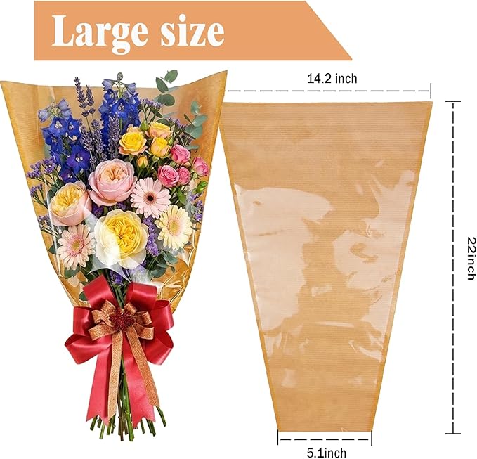 SELANTAG 50 Pack Large Flower Bags for Bouquets, Big Size Kraft Floral Wrapping Paper for Valentine's Day, Sleeves Perfect for Mother's Day, Wedding (14.2in x 22in x 5.1in)