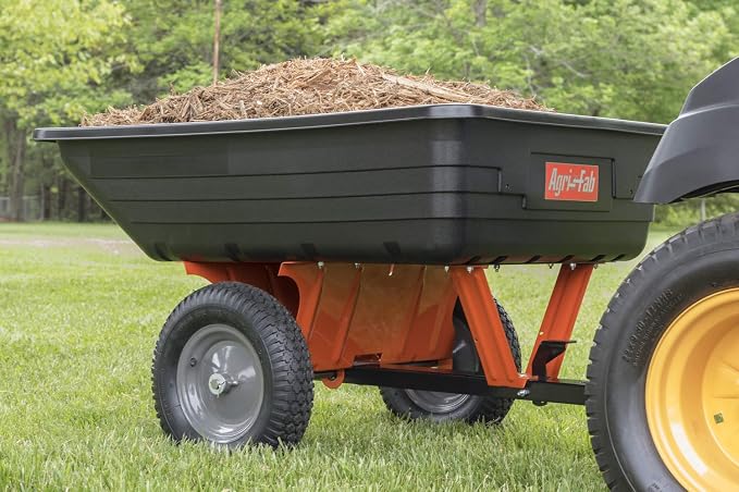 Agri-Fab 45-0533 650 lbs Tow Behind Poly Dump Cart, 10 CU. FT.; Lawn & Garden Cart/Trailer for Lawn Mowers, 16" Pneumatics Tires, Easy to Use Foot Pedal Dumping Lever
