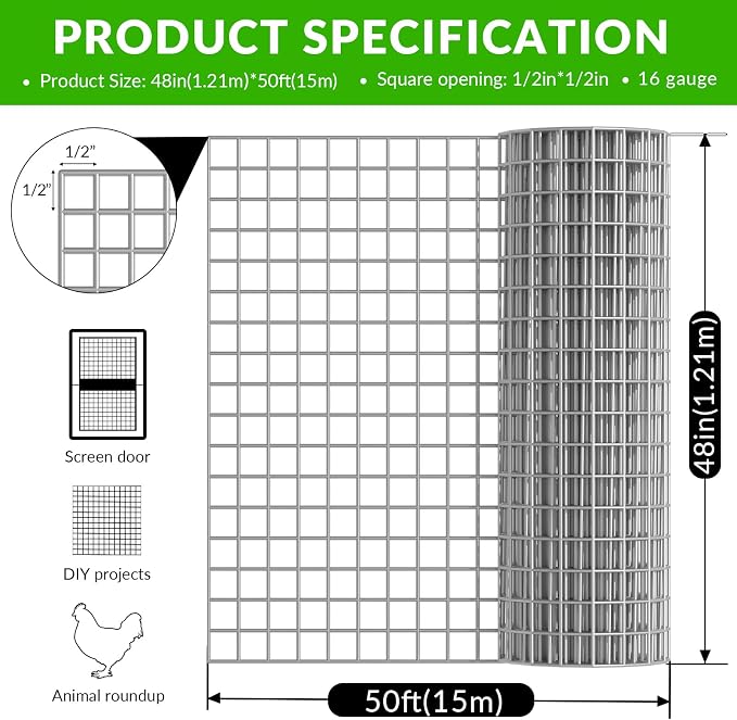 Welded Wire Fence 1/2 inch 48 x 50 ft, Galvanized Chicken Wire Fencing 16 Gauge,Heavy Duty Hot Dip Galvanized Wire Fence Roll for Chicken Poultry Coop, Animal, Fencing,Garden Protection