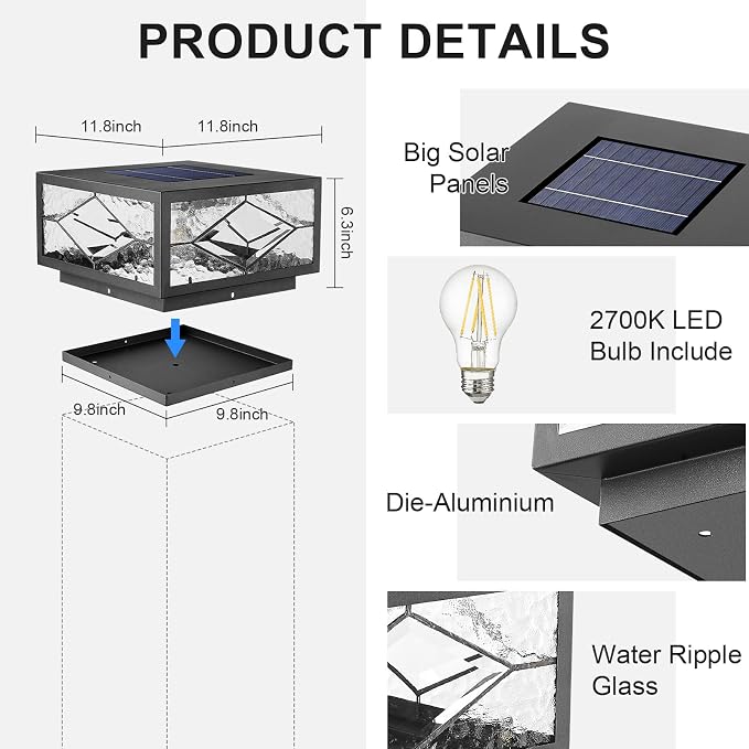 Solar Fence Post Lights Outdoor Waterproof LED with Remote Control, Solar Panel Powered Dusk to Dawn Cap Pillar Lighting, Waterproof Fence Post Cap Light for Deck Garden Patio Porch