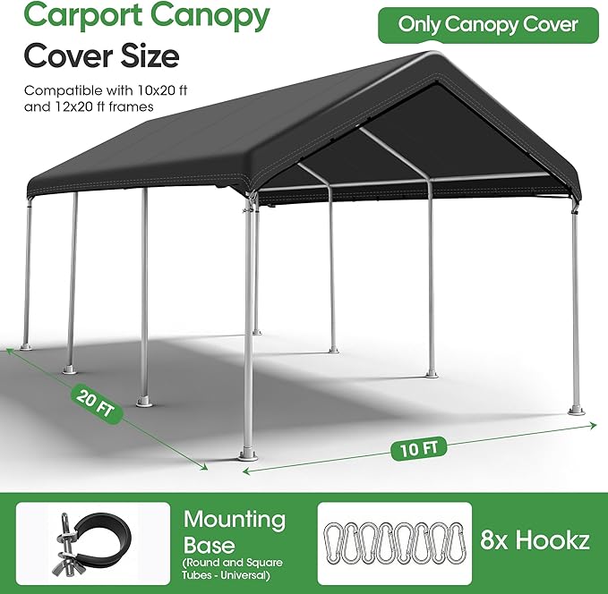 SIHAIAN 10 x 20 Ft Carport Replacement Canopy Cover(No Frame), Easy to Set up Carport Canopy, 500D Heavy-Duty Garage Top Tent Shelter Tarp Waterproof and UV Protected (Only Canopy Cover) Black