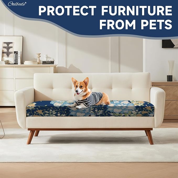 CALBODE 12Pcs Stretch Patio Cushion Cover, Printed Couch & Sofa Slipcovers for Patio Furniture Cushions Washable Reusable Couch Covers Replacement for Autumn Winter (Dark Blue Floral, Cover Only)