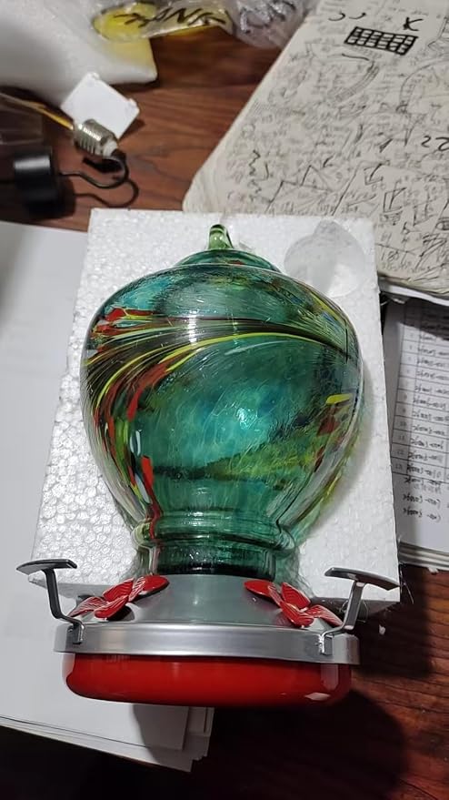 Hummingbird Feeder Colorful Blown Glass Outdoor Hummingbird Feeder with Ant Moat and 5 Feeding Ports for Outdoors Hanging Garden Decor, Bird Lovers (Green-2)