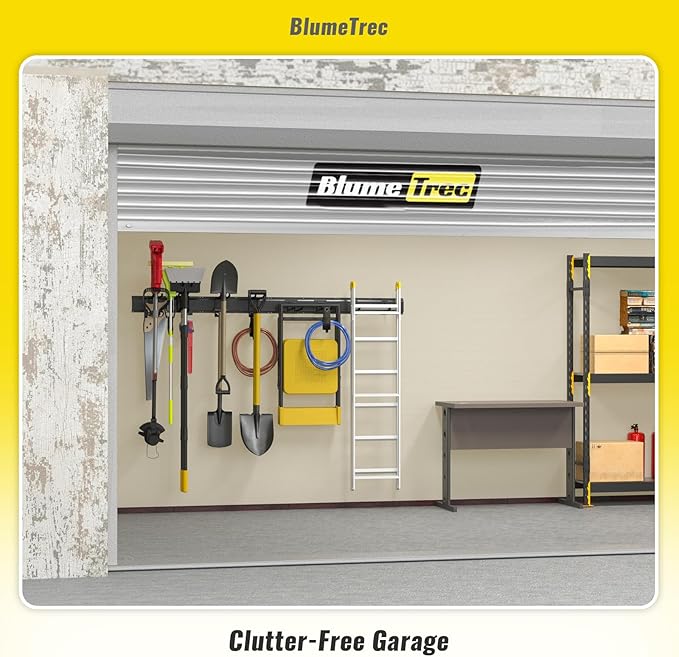Garage Tool Organizer Wall Mount, 96" Heavy-Duty Metal Wall Organizer, 6 Rails with 12 Adjustable Hooks, Garden Storage Rack for Organization, Sturdy Tool Hanging Holder for Shovel Shed Yard