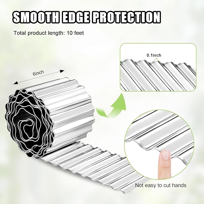 Corrugated Metal Garden Edging - 6 Inch X 10 FT Landscape Edging Border, Flexible Border for Garden Fence, Flower Bed, and Lawn (Silver)