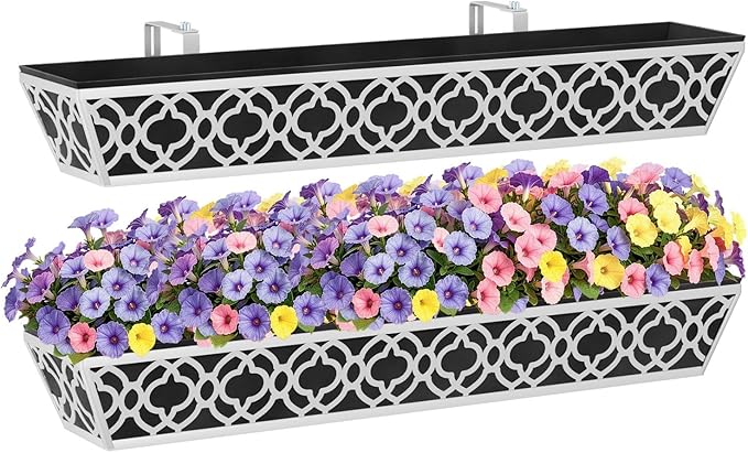 HFHOME 2 Pack 36 Inch Railing Planter Boxes with Adjustable Brackets & Non-Woven Fabric Liner Adjustable Gray Metal Window Box Planter for Balcony Deck Fence, Hanging Flower Basket for Outdoor Garden