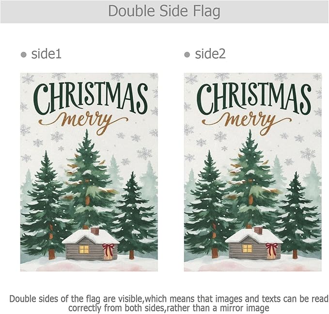 Christmas Tree Snowflake House Flag 28x40 Inch Double Sided Outside Winter Cabin Snow Scene Xmas Seasonal Yard Outdoor Flag Banner for Garden Lawn Patio Holiday Decorations
