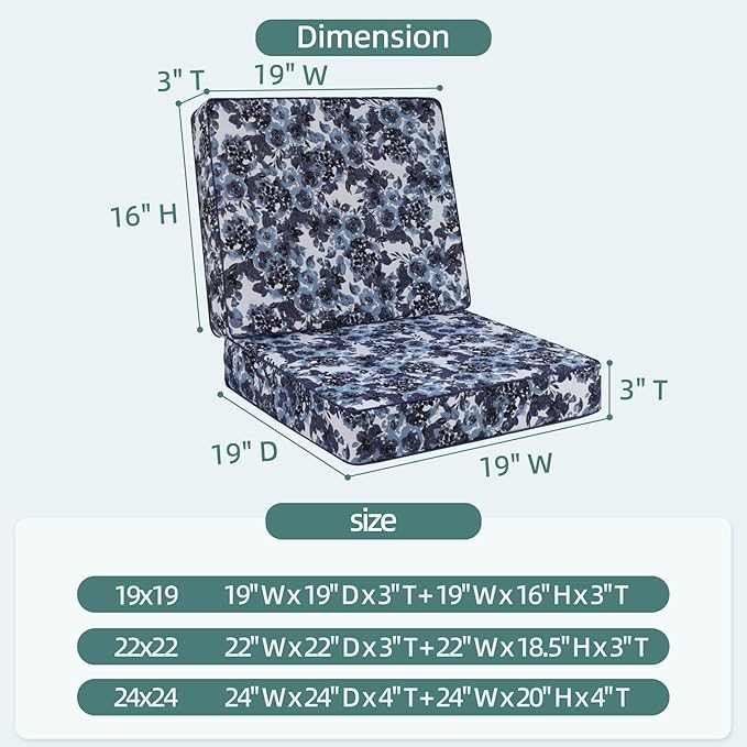 Favoyard Deep Seat Patio Cushion 19 x 19 x 3 in Waterproof Seat & Back Cushion Set with Color Fade Resisitant Pattern, Portable Handle, Attach Straps, Zipper on Removable Cover for Outdoor Furniture