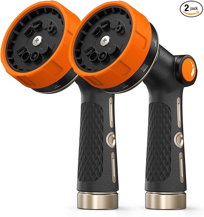 RAINPOINT Garden Hose Nozzle Heavy Duty - 100% Metal Thumb Control Spray Nozzles for Garden Hose High Pressure, 10 Patterns Water Hose Nozzle for Car Wash, Watering Lawn and Pets, Orange2, 2 Pack
