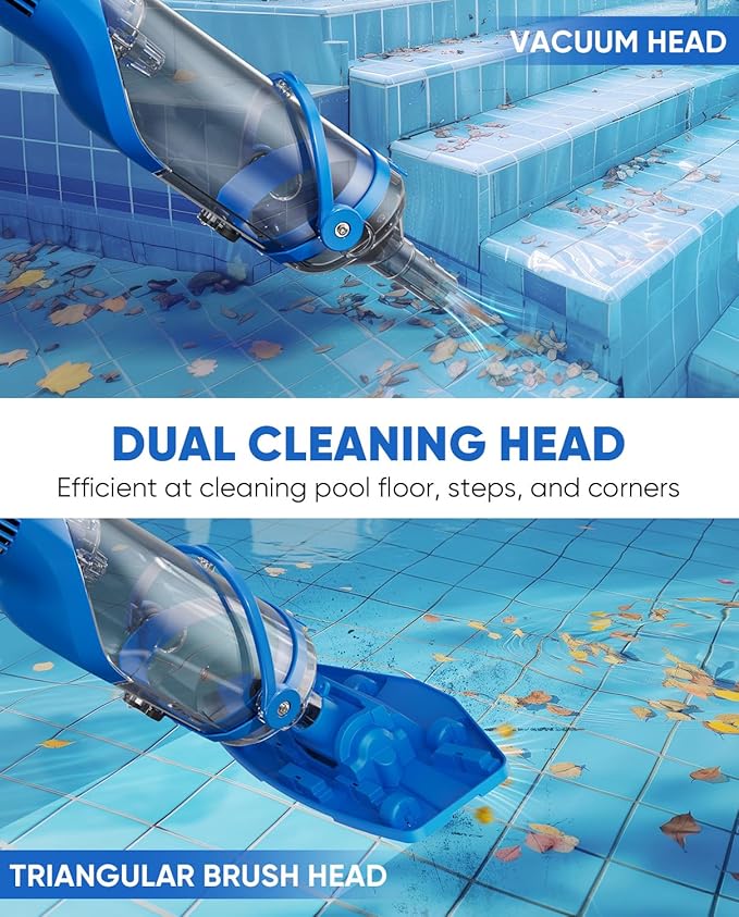 Cordless Pool Vacuum with Telescopic Pole, 18.5 GPM Powerful Suction, 1.5H Supercharge Technology, Handheld Pool Vacuum Cleaner for Above Ground/Inground Pools, Hot Tubs, Blue