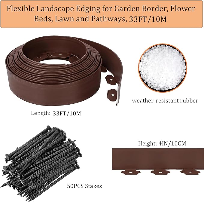 Garden Edging 33FT, 4IN High Landscape Edging Borders Kit Lawn Edging Roll, Plastic Mini Fence Border with 50pcs Stakes for Yards, Paving Edging, Flowerbeds, Sidewalks, Pathway, Brown