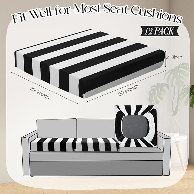 Newwiee 12 Pcs Patio Stretch Outdoor Cushion Covers Sofa Couch Cover Replacement Couch Slipcover Sofa Seat Chair Porch Patio Furniture Protector, Flexibility Washable (Black White,Stripes)