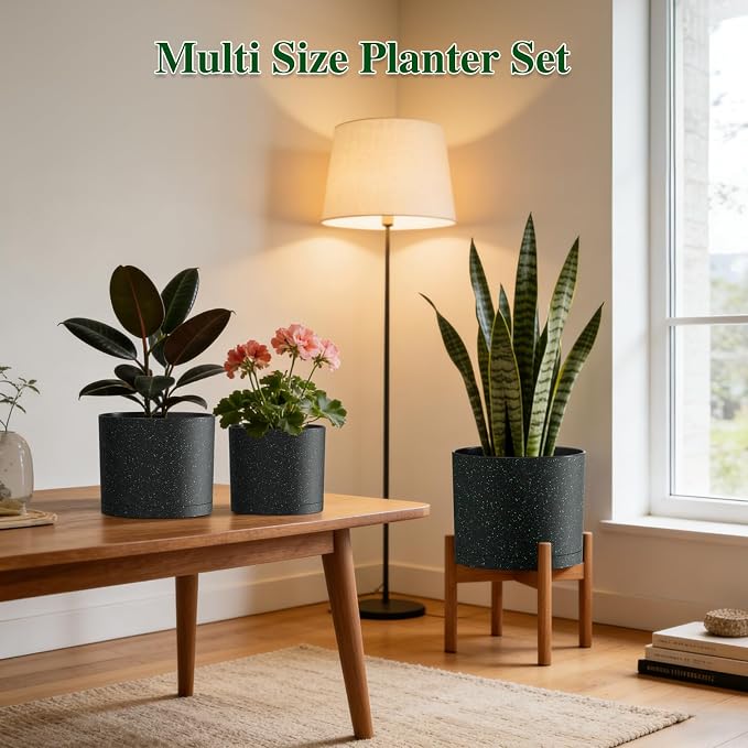 Plant Pots, 10/9/8 Inch 3 Pack Cylindrical Flower Pots with Drainage Holes and Saucers, Plastic Planters for Outdoor Indoor Plants, Black with Green Speckles