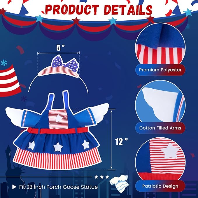 Patriotic Porch Goose Outfits for 23 Inch Lawn Statue, 4th of July Costume for Plastic/Cement Statue, Spring Sculpture Clothes for Garden Patio USA 250th Anniversary Decoration