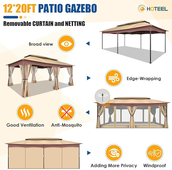 HOTEEL Gazebo 12x20, Outdoor Gazebo on Clearance with Double Ventilated Arc Roof, Privacy Curtains & Mosquito Netting, Easy Set up Canopy Tent with Stable Metal Frame for Patio Gazebo, Khaki