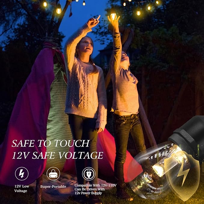 GANA 12V Low Voltage & Safe LED Outdoor String Lights,96FT 30 Shatterproof Bulbs, 2200K Warm White Pergola Lights for Your House's, Garden, Fence, Porch,Balcony,and Bistro（96FT）