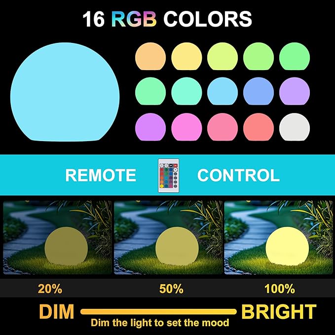 10 Inch Ball Light, Outdoor Glow Globe Light with Remote Control, LED Solar Gazing Ball Night Light 16 Modes RGB Color Changing, Waterproof Solar Globe for Garden Yard Pathway Decor