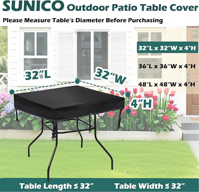 SUNICO Square Patio Table Cover (32" L x 32" W x 6" H), Square Otudoor Table Cover for Patio Table & Dining Table & Picnic Table.Waterproof, Windproof, Stain-Resistant, Durable Table Cover