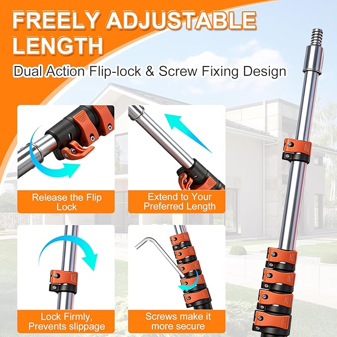 5-24 FT Extendable Manual Pole Saw, Tree Trimming Pruner with Flip & Screw Dual Lock, Adjustable Long Handle High Reach Cutter for Yard & Garden