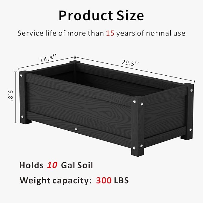 HDPE Raised Planter Box Outdoor,Rot-Resistant and Non-Cracking,Small Raised Beds for Gardening 29.5 * 14.4 * 9.8 in for Yard,Lawn,Outdoor Planter Boxes Rectangle with Drainage Holes Black