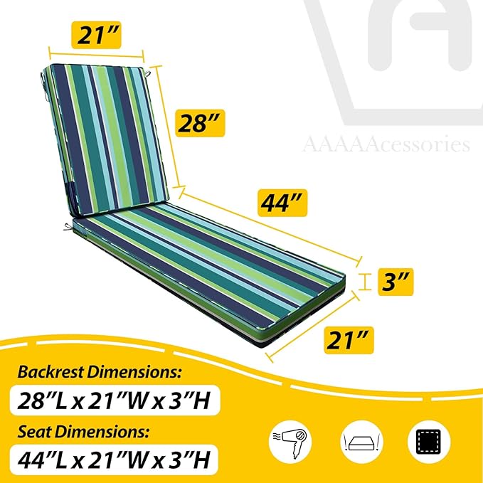 AAAAAcessories Outdoor Chaise Lounge Cushions, Fade-Resistant, Waterproof Patio Furniture Replacement Cushions, 72" x 21" x 3", Set of 2, Stormy Teal Coastal Stripe